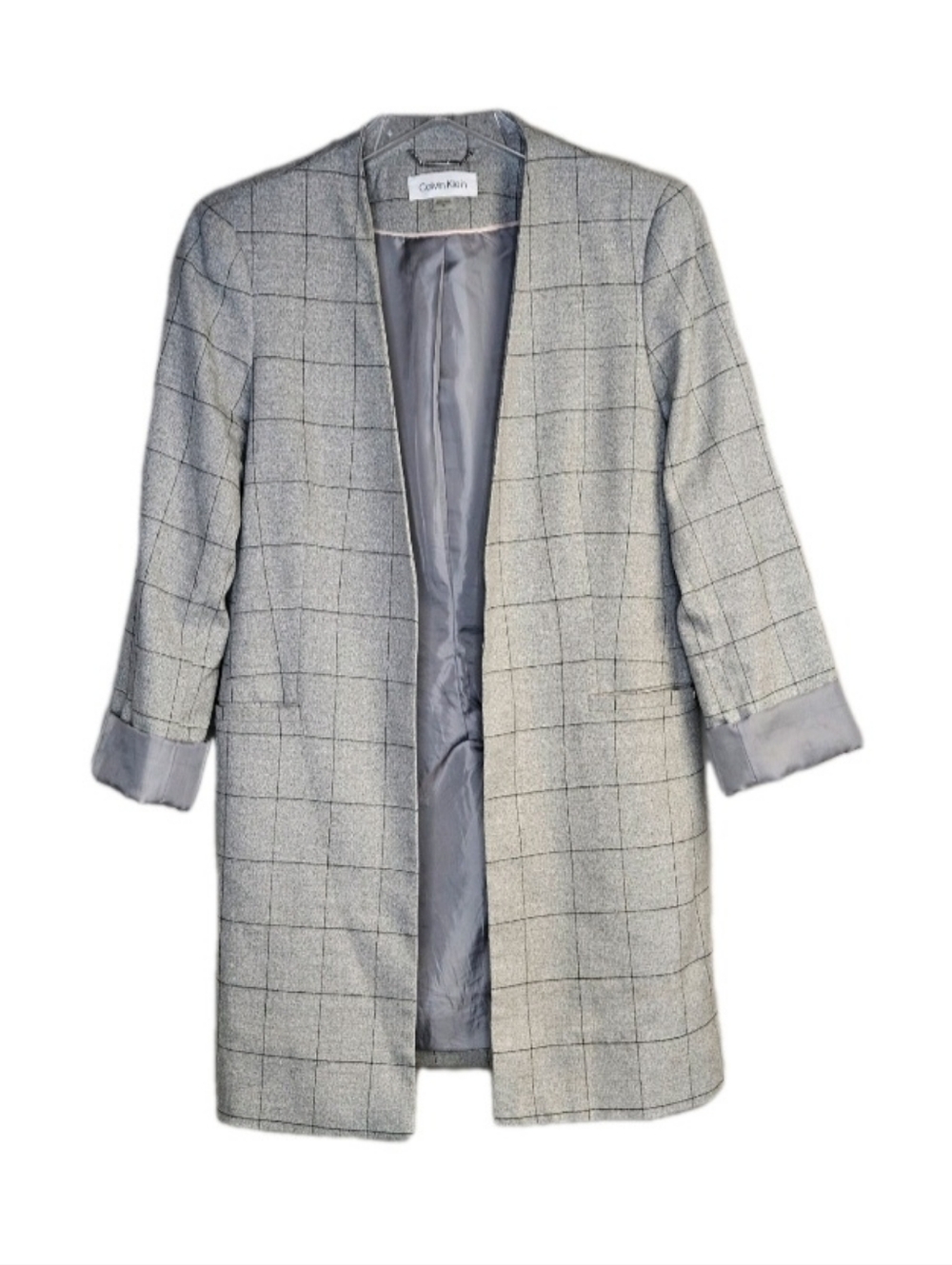 Calvin Klein Gray Black Windowpane  Open Front Roll Cuff Corporate Chic Jacket